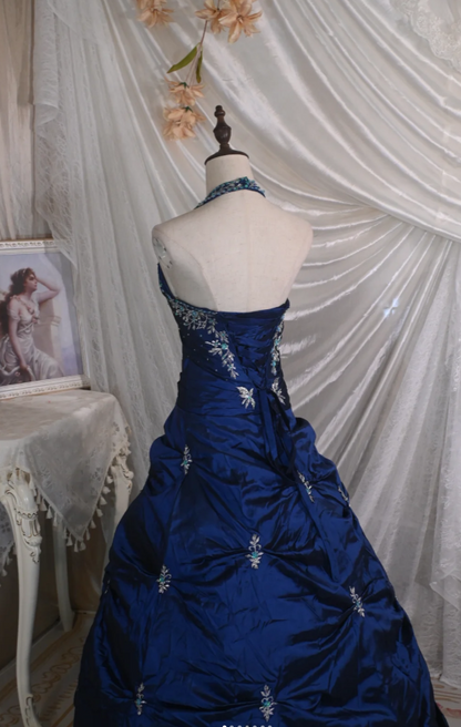 Elegant Halter Ball Gown Taffeta Long Prom Dresses, Navy Quinceanera Dresses Sweet 16 Dress DP3055