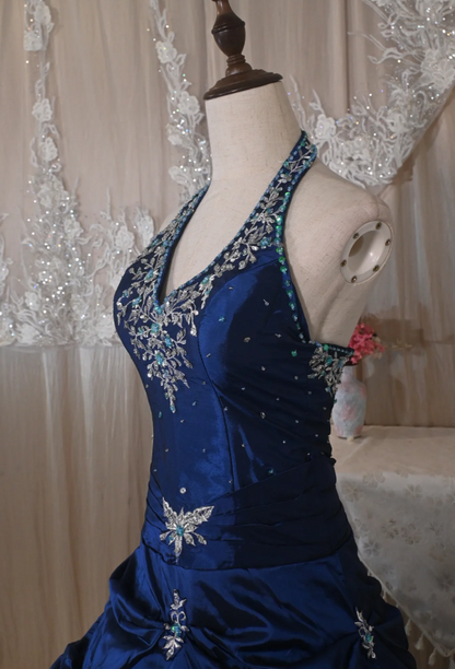 Elegant Halter Ball Gown Taffeta Long Prom Dresses, Navy Quinceanera Dresses Sweet 16 Dress DP3055