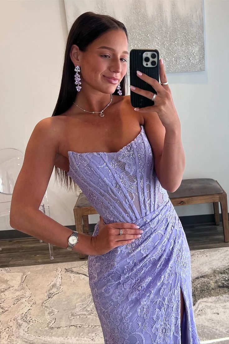 Pretty Long Strapless Lace Mermaid Formal Prom Dress with Slit DP306