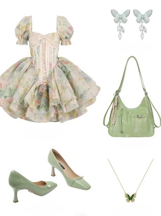 Sweet Square Neck Ball Gown Floral Chiffon Short Birthday Dresses Short Sleeve Homecoming Dresses DP3075