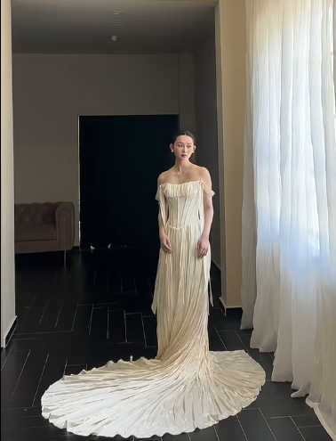 Timeless Off-the-shoulder Sheath Satin Luxury Wedding Dress, Light Champagne Bridal Gowns DP3080
