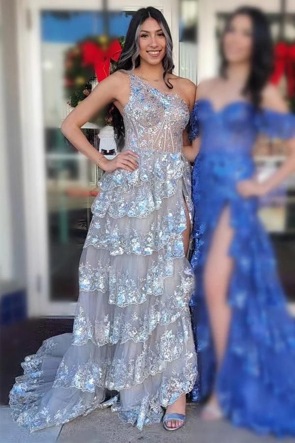 Sexy Navy Blue Tulle Sequin One-Shoulder Long Prom Dress with Slit DP308