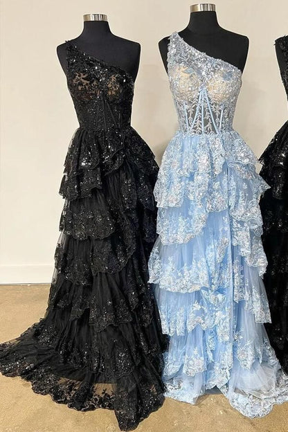Sexy Navy Blue Tulle Sequin One-Shoulder Long Prom Dress with Slit DP308