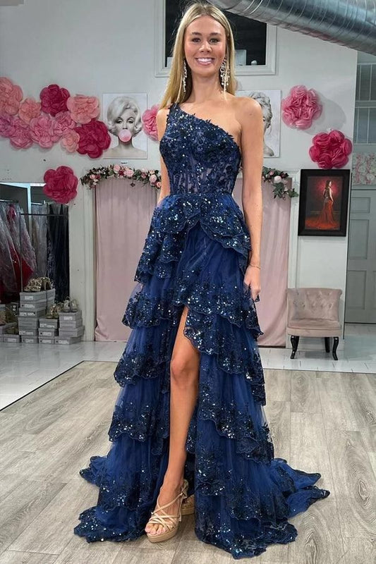 Sexy Navy Blue Tulle Sequin One-Shoulder Long Prom Dress with Slit DP308