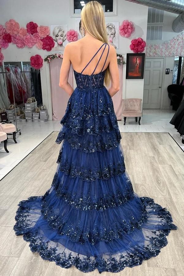 Sexy Navy Blue Tulle Sequin One-Shoulder Long Prom Dress with Slit DP308