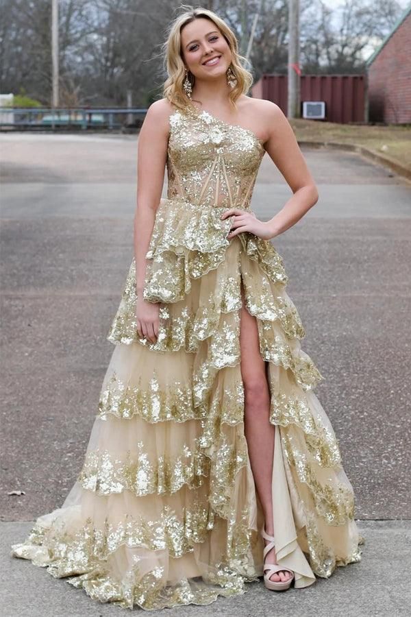 Sexy Navy Blue Tulle Sequin One-Shoulder Long Prom Dress with Slit DP308