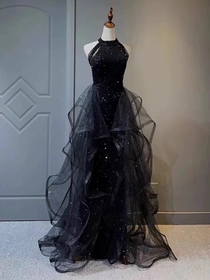 Pretty Navy Blue Sequins Long Prom Party Dress Prom Dress Evening Dresses DP309