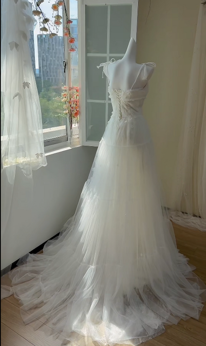Modest Spaghetti Strap Sheath Tulle Wedding Dress, White Bridal Gowns DP3113