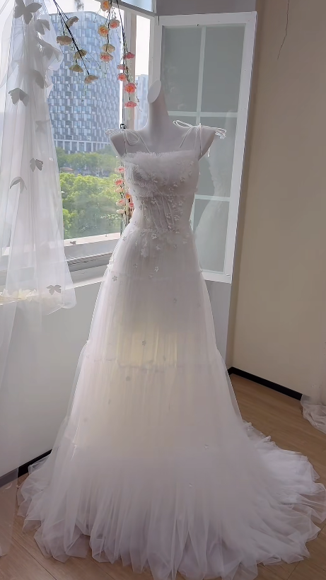 Modest Spaghetti Strap Sheath Tulle Wedding Dress, White Bridal Gowns DP3113