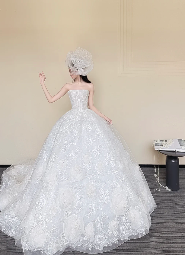Timeless Strapless A-Line Tulle Applique Wedding Dress, White Sleeveless Bridal Dresses DP3115
