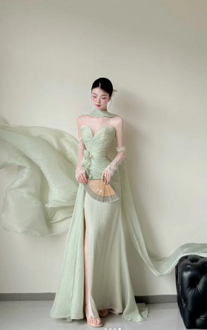 Elegant Sweetheart Sheath Chiffon Long Prom Dresses, Green Formal Evening Dresses DP3118