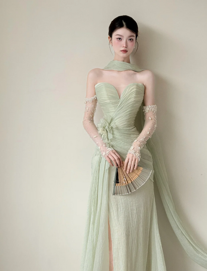 Elegant Sweetheart Sheath Chiffon Long Prom Dresses, Green Formal Evening Dresses DP3118