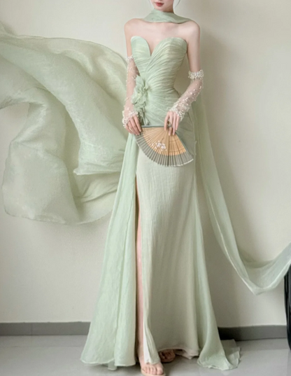 Elegant Sweetheart Sheath Chiffon Long Prom Dresses, Green Formal Evening Dresses DP3118