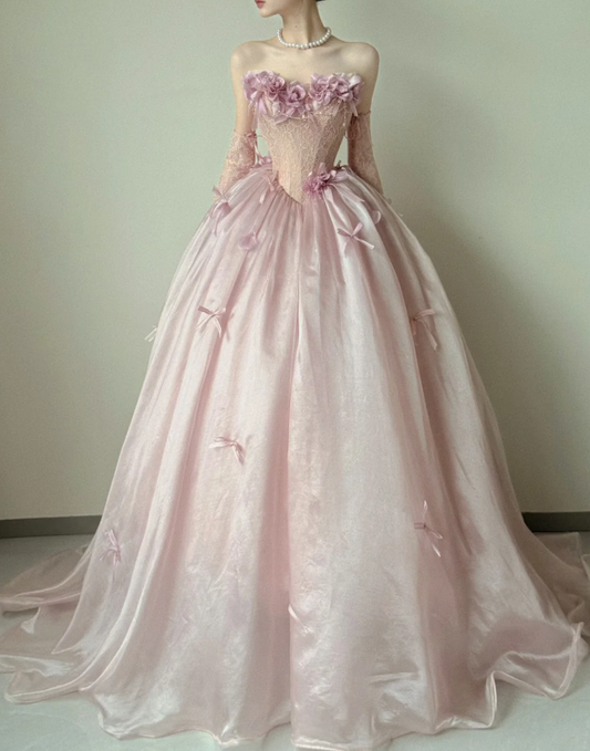 Elegant Strapless Ball Gown Tulle Long Prom Dresses, Pink Formal Evening Dresses DP3119