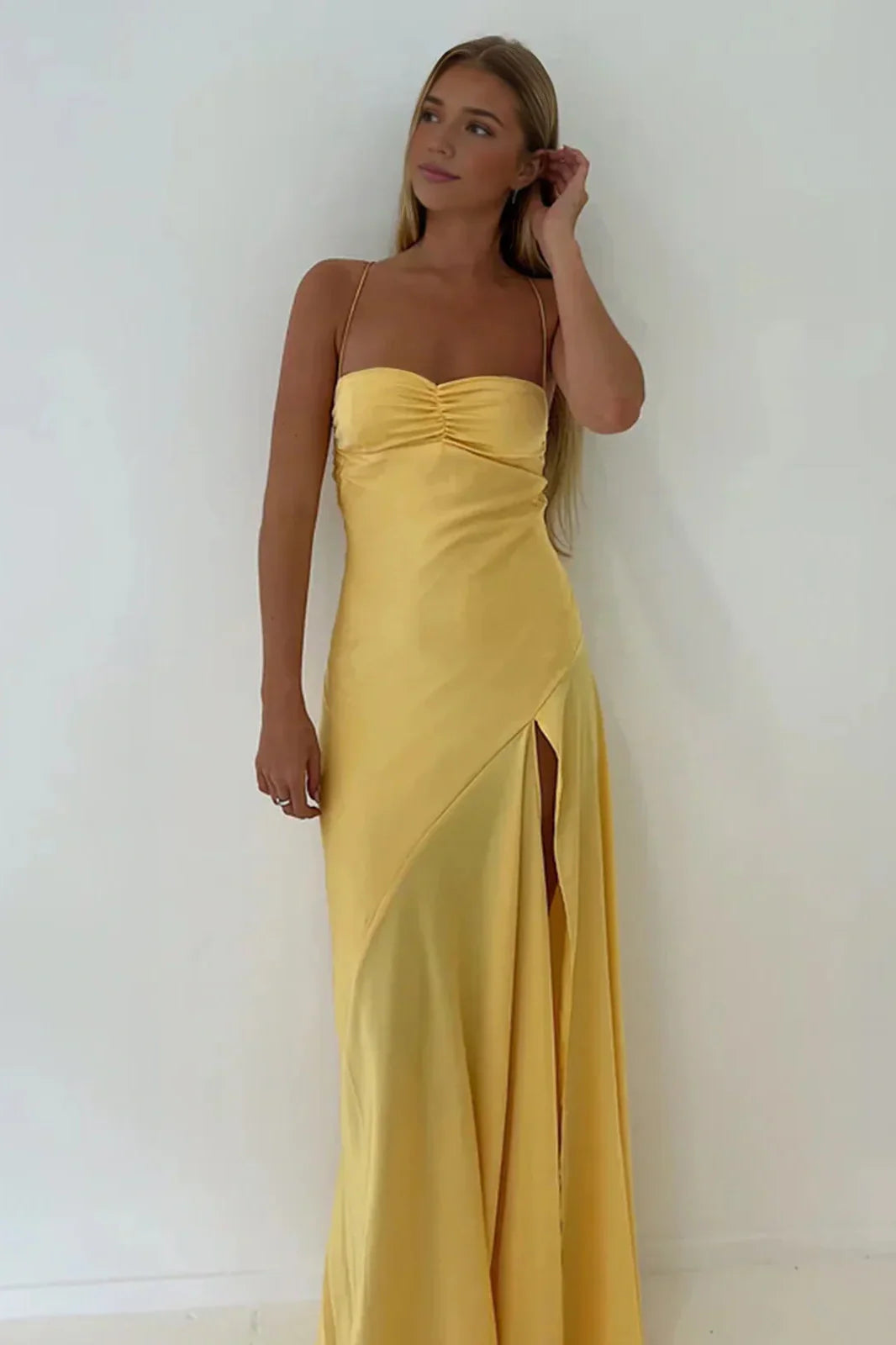 Simple Sheath Spaghetti Straps Prom Dresses Pink Long Party Dress with Split Front DP311