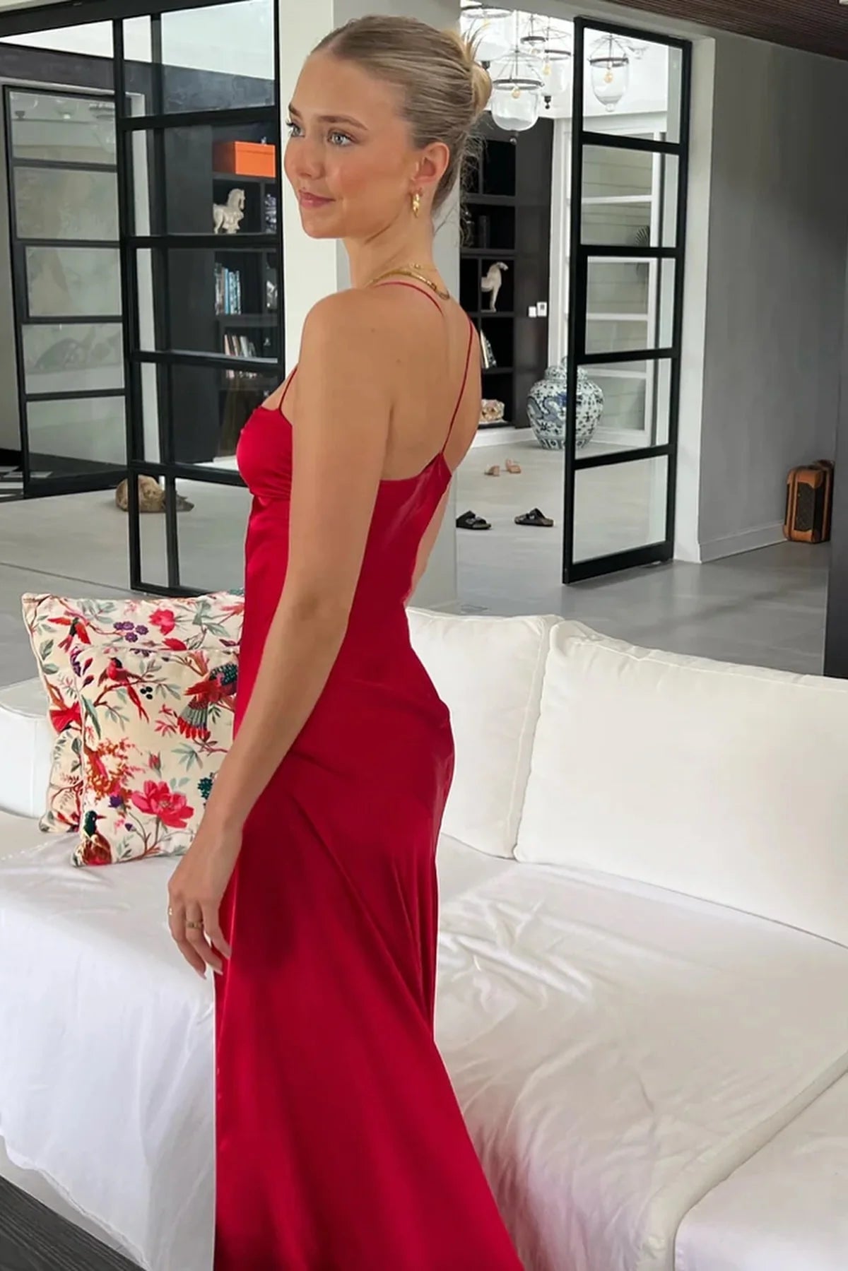 Simple Sheath Spaghetti Straps Prom Dresses Pink Long Party Dress with Split Front DP311