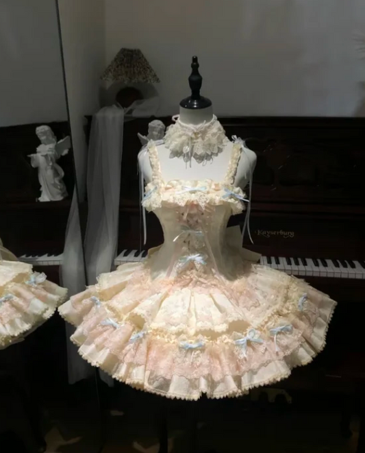 Cute Square Neck Ball Gown Lace Short Birthday Dresses Light Yellow Lolita Dresses DP3121