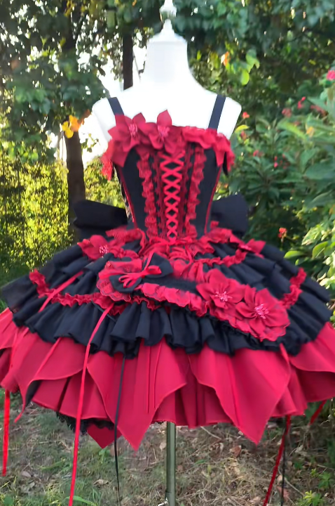 Cute Spaghetti Strap Ball Gown Short Birthday Dresses Red Lolita Dresses DP3125