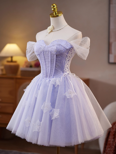 Sweet Off-the-shoulder A-Line Tulle Short Prom Dresses, Purple Homecoming Dresses DP3126