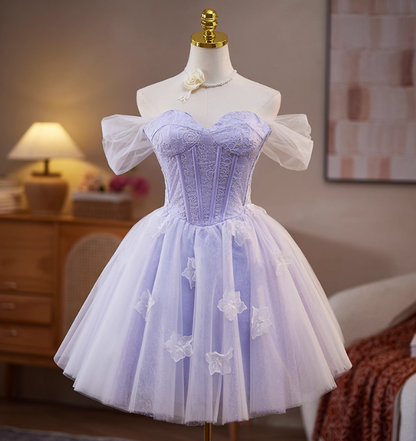 Sweet Off-the-shoulder A-Line Tulle Short Prom Dresses, Purple Homecoming Dresses DP3126
