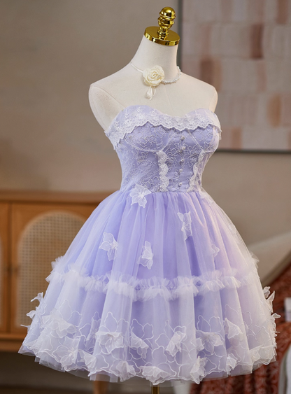 Sweet Strapless A-Line Tulle Lace Short Prom Dresses, Purple Homecoming Dresses DP3127