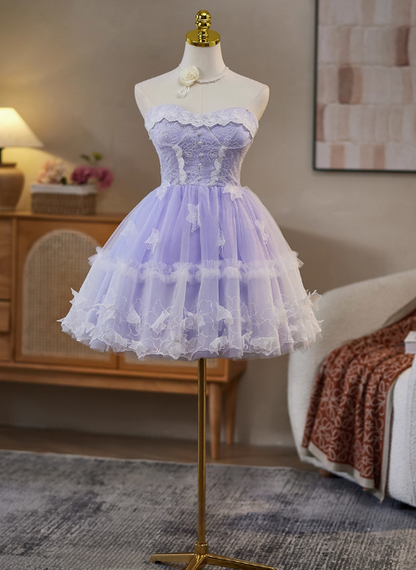 Sweet Strapless A-Line Tulle Lace Short Prom Dresses, Purple Homecoming Dresses DP3127