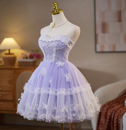 Sweet Strapless A-Line Tulle Lace Short Prom Dresses, Purple Homecoming Dresses DP3127