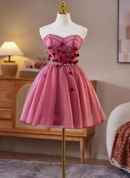 Sweet Strapless A-Line Tulle Short Prom Dresses, Red Homecoming Dresses DP3128