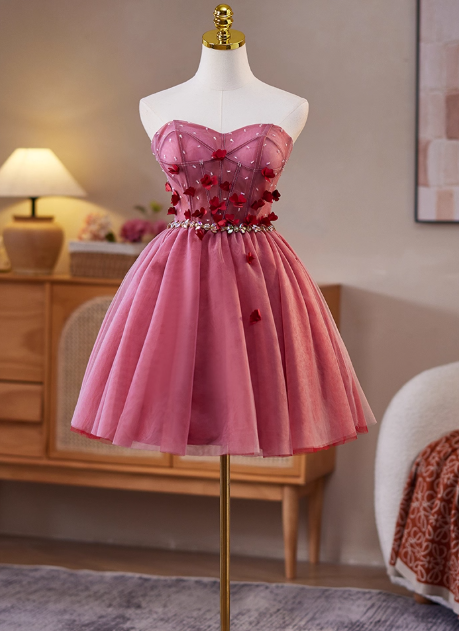 Sweet Strapless A-Line Tulle Short Prom Dresses, Red Homecoming Dresses DP3128