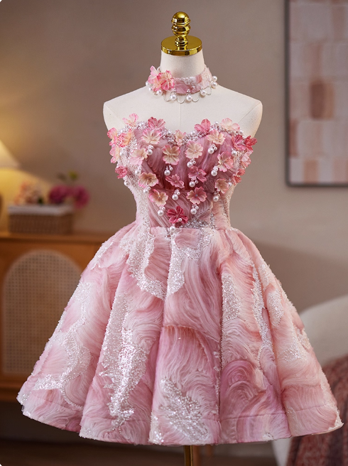 Sweet Strapless A-Line Tulle Short Prom Dresses, Pink Homecoming Dresses DP3129