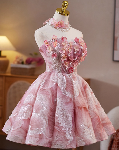 Sweet Strapless A-Line Tulle Short Prom Dresses, Pink Homecoming Dresses DP3129