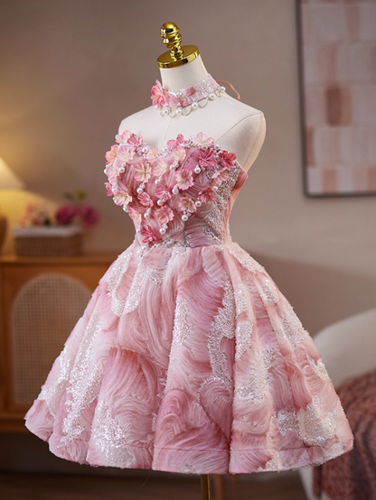 Sweet Strapless A-Line Tulle Short Prom Dresses, Pink Homecoming Dresses DP3129