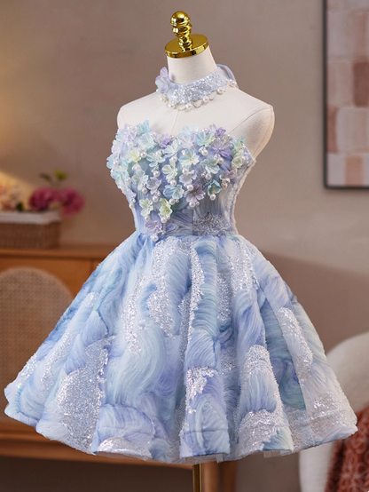 Sweet Strapless A-Line Short Prom Dresses, Blue Homecoming Dresses DP3130