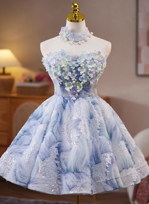 Sweet Strapless A-Line Short Prom Dresses, Blue Homecoming Dresses DP3130