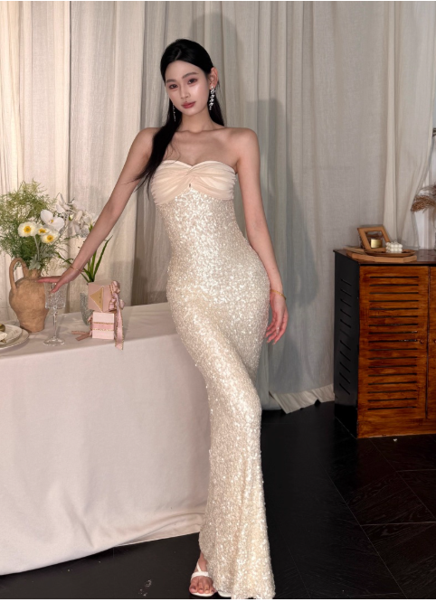Sexy Strapless Sheath Long Prom Dresses, Light Champagne Formal Evening Dresses DP3131