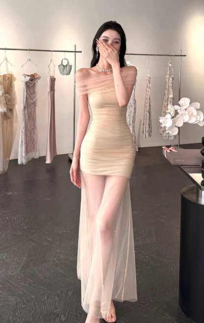 Sexy Off-the-shoulder Sheath Tulle Long Prom Dresses, Light Champagne Formal Evening Dresses DP3133