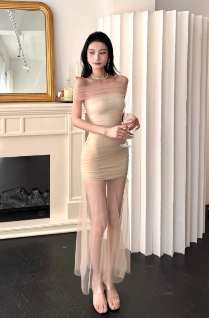 Sexy Off-the-shoulder Sheath Tulle Long Prom Dresses, Light Champagne Formal Evening Dresses DP3133