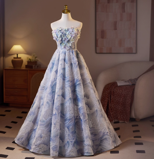 Sweet Strapless A-Line Long Prom Dresses, blue Formal Evening Dresses DP3141