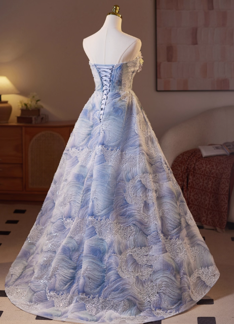 Sweet Strapless A-Line Long Prom Dresses, blue Formal Evening Dresses DP3141