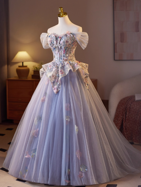 Sweet Off-shoulder A-Line Tulle Appliqued Long Prom Dresses，PurpleFormal Evening Dresses DP3142
