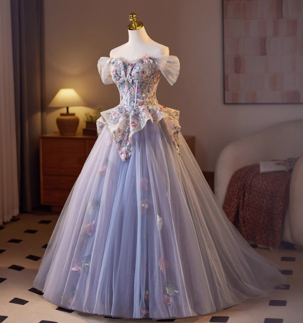 Sweet Off-shoulder A-Line Tulle Appliqued Long Prom Dresses，PurpleFormal Evening Dresses DP3142