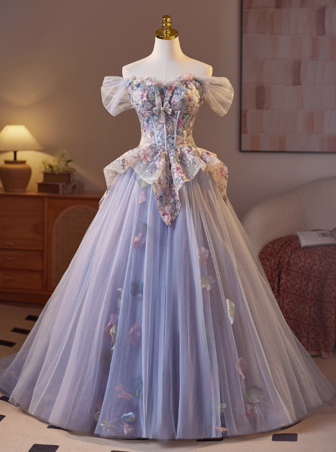 Sweet Off-shoulder A-Line Tulle Appliqued Long Prom Dresses，PurpleFormal Evening Dresses DP3142
