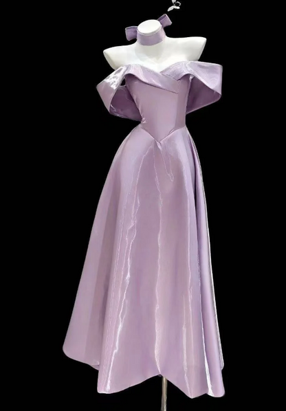 Elegant Off-shoulder A-Line Satin Prom Dresses, Purple Formal Evening Dresses DP3143