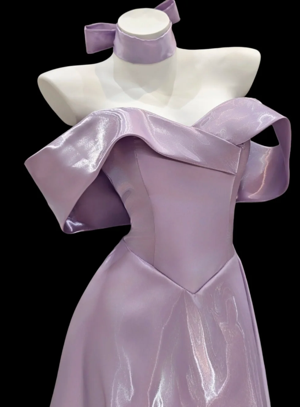 Elegant Off-shoulder A-Line Satin Prom Dresses, Purple Formal Evening Dresses DP3143