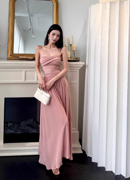 Elegant Strapless Sheath Chiffon Long Evening Dresses, Dusty Pink Formal Dresses DP3145