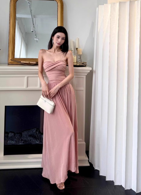 Elegant Strapless Sheath Chiffon Long Evening Dresses, Dusty Pink Formal Dresses DP3145