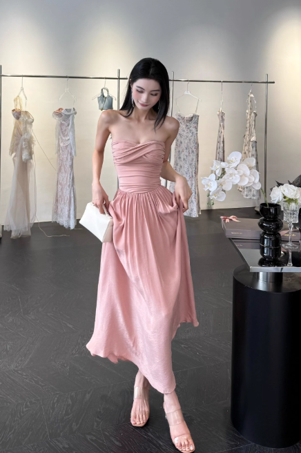 Elegant Strapless Sheath Chiffon Long Evening Dresses, Dusty Pink Formal Dresses DP3145