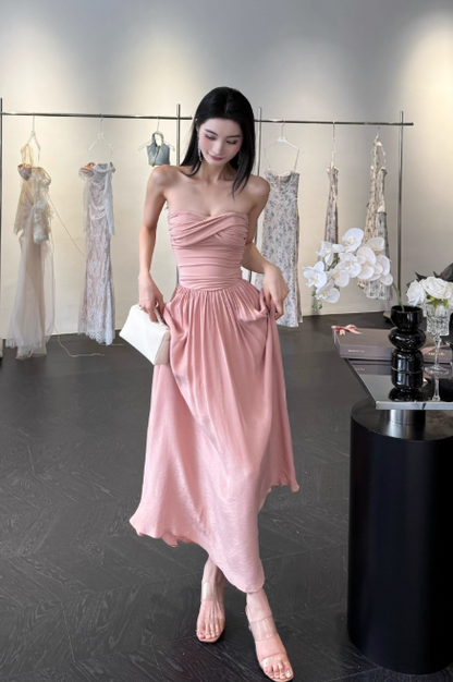 Elegant Strapless Sheath Chiffon Long Evening Dresses, Dusty Pink Formal Dresses DP3145