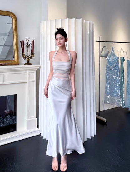 Elegant Halter Sheath Satin Long Evening Dresses, Pink Formal Dresses DP3146
