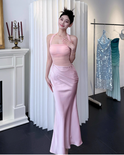 Elegant Halter Sheath Satin Long Evening Dresses, Pink Formal Dresses DP3146